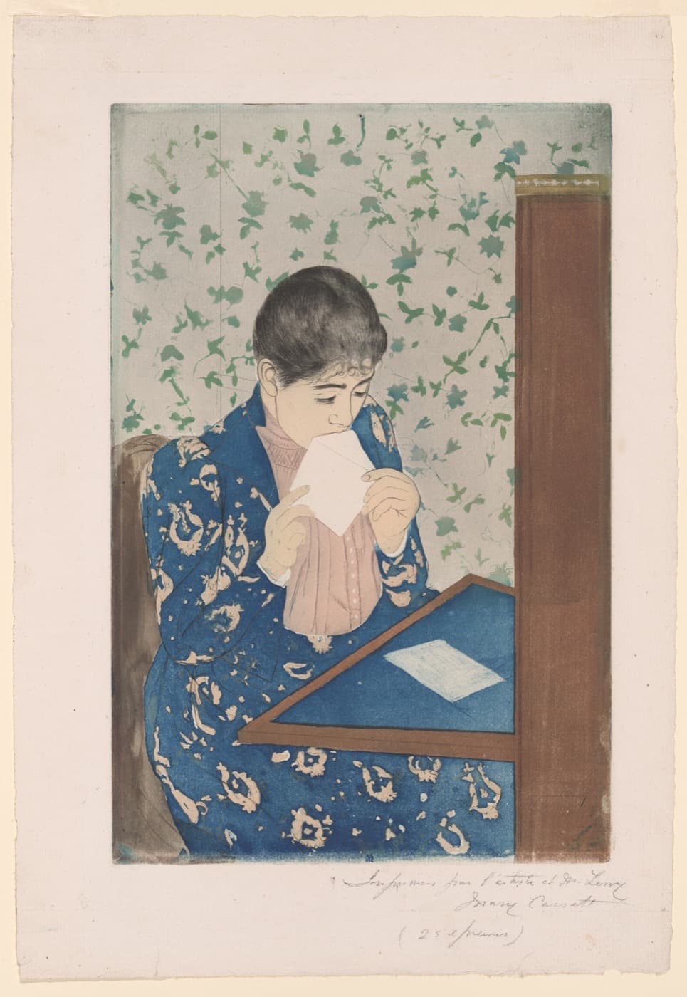 Mary Cassatt, The Letter: a woman in a blue patterned dress seals a letter at her writing desk.
