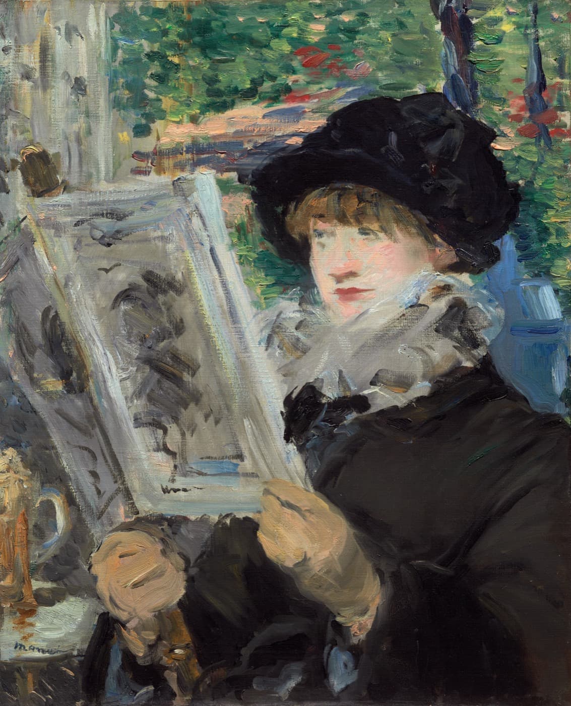 Édouard Manet, Woman Reading: a woman in a dark coat and hat reads an illustrated journal outdoors.